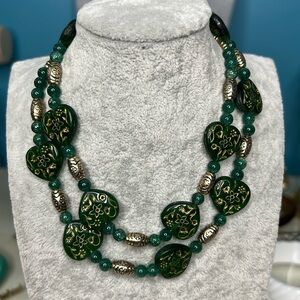Vintage Green Jade Bead and Etched Hearts Necklace